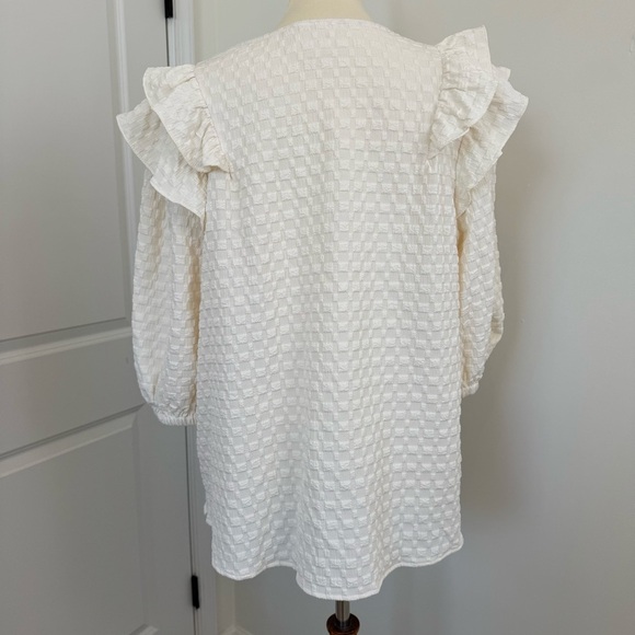 Umgee Ivory Textured Jacquard Blouse Ruffle Cap Sleeve Size L Checkered Prairie - Picture 5 of 10